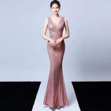 Women's Elegance Party Sequin Fishtail Evening Dress Sleeveless V-Neck Dress New