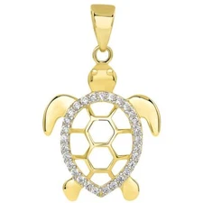 14k Yellow Gold CZ Open Shell Sea Turtle Good Luck Pendant