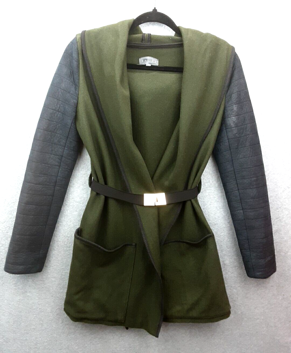 Sheike Size olive And Navy Wool Blend Hooded Belted Quilted Arm