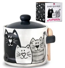 STPGoods Cats Ceramic Jar with Spoon Lidded Sugar Bowl 14 oz Kitchen Canister
