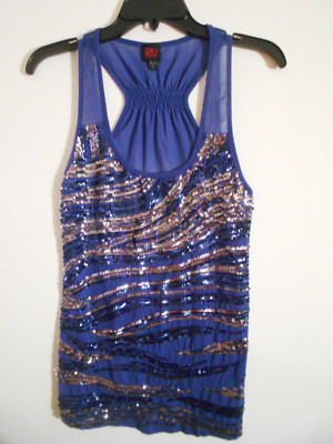 2b bebe Womens Small Blue Beaded Stripes  Racerback Tank Top Y2K Babydoll