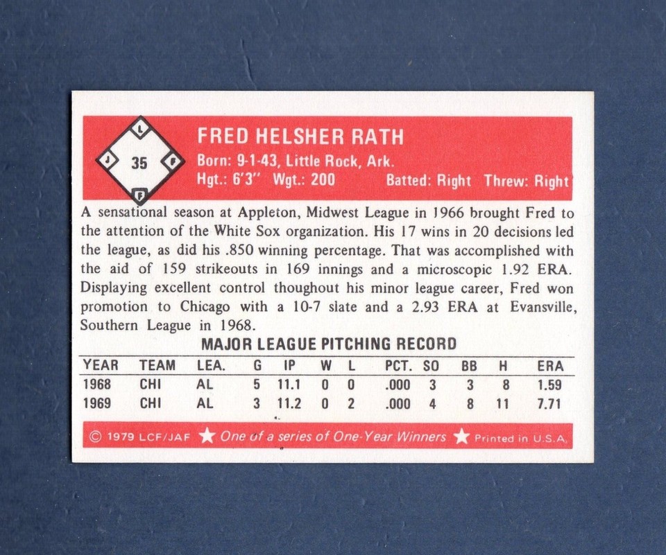 #35 FRED RATH, 1968 Chicago White Sox ~ 1979 Fritsch One-Year Winners ...