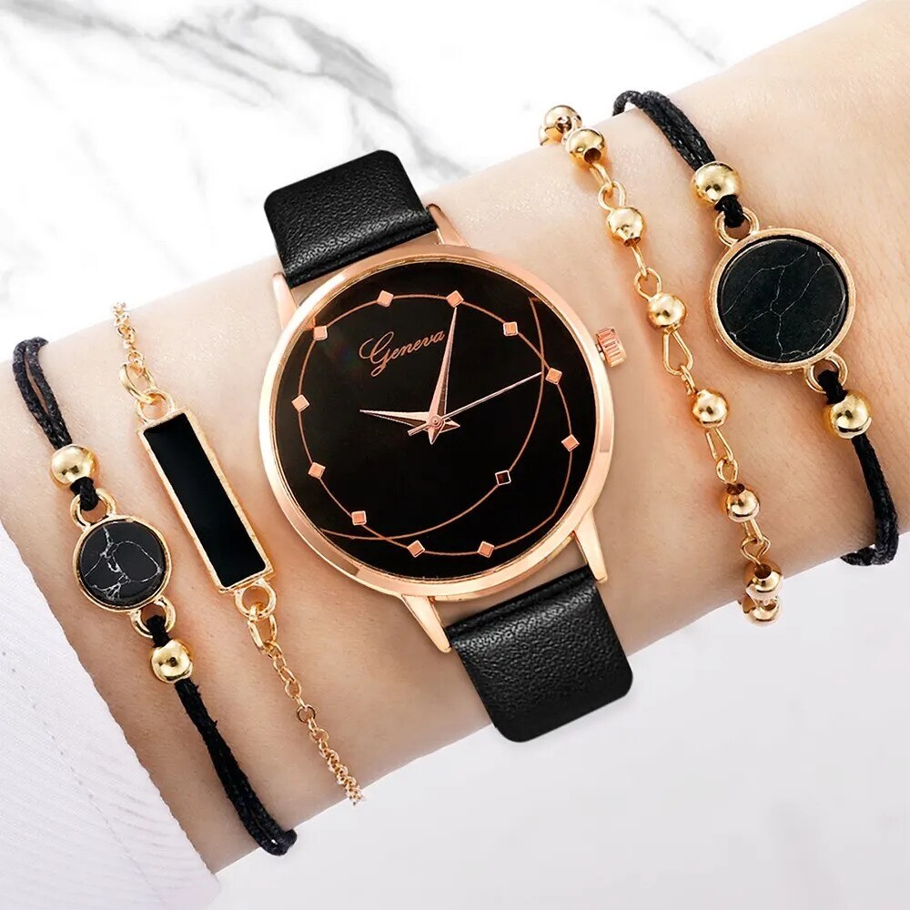 Montre luxe femme ciel étoilé et 4 bracelets bijoux acier argenté