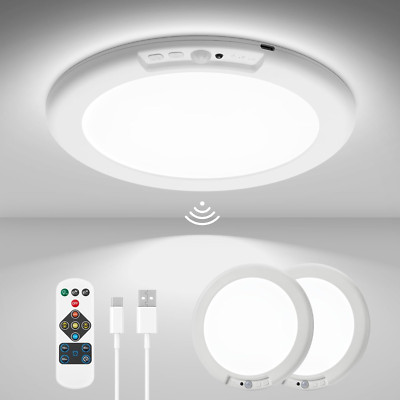 Rechargeable Motion Sensor Ceiling Lights with Remote - 2 Pack Dimmable 3000K-65