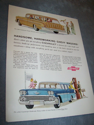 1958 Chevy Brookwood & Nomad Station Wagon mid-size-mag car ad -''Handsome...''