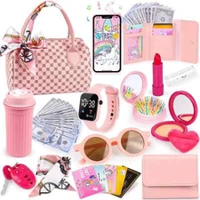 Play Purse For Little Girls, 32PCS Toddler Purse With Pretend Makeup For Kids, 3