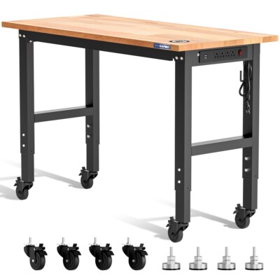 WORKPRO 48''X22'' Adjustable Workbench with Leveling Foot & Wheels Rubber Wood Top
