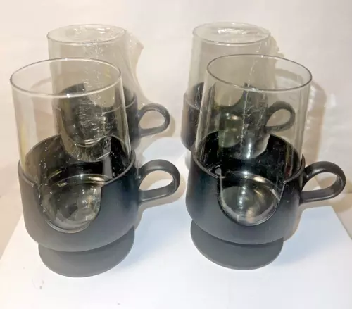 Corning Glas-Snap Mugs Glasses x4 Black 12 oz pedestal vintage new old stock