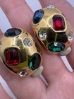WOW 1980s Signed Ciner Chunky Costume Gemstone 14k Gold Plated Clip-On Earrings — photo 2