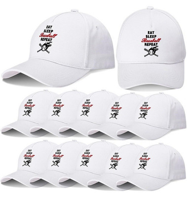 12 PCS Baseball Caps   White ''Eat, Sleep, Baseball, Repeat''   New