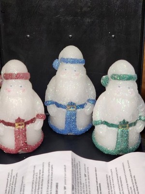 3 Light Up Santas Red Blue Green Frosted Christmas Cute