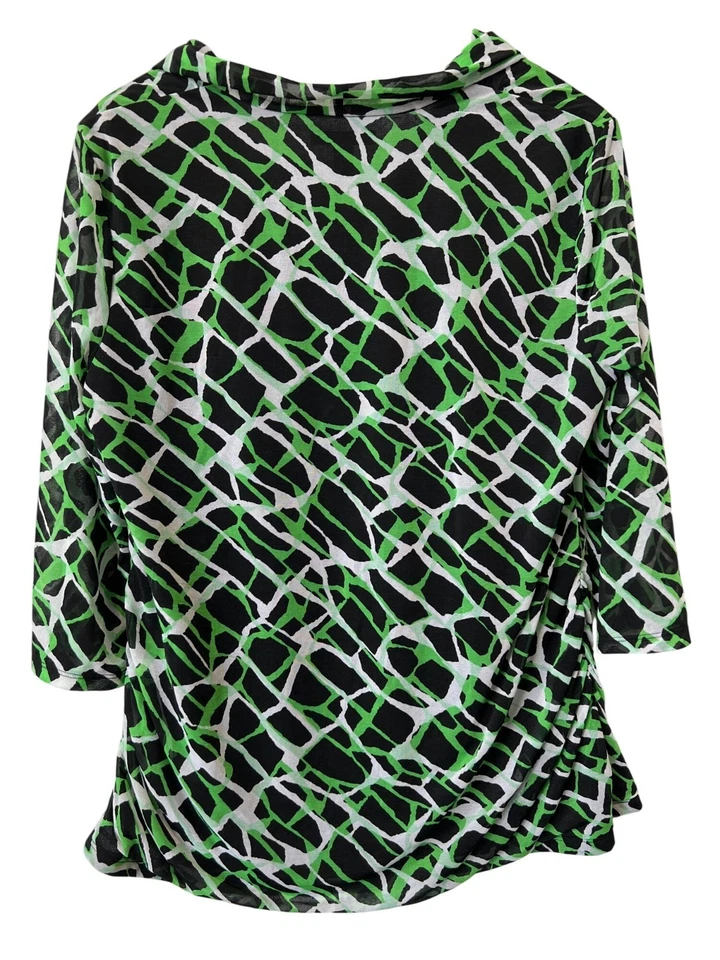 Top Dana Buchman Talla XL Estampado Abstracto Manga 3/4 Cuello Drapeado Verde Negro Retro Foto 2 de 4
