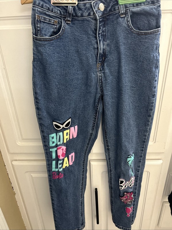 Barbie Jeans size 14 girls Patches denim Born to Lead logo skates-used!