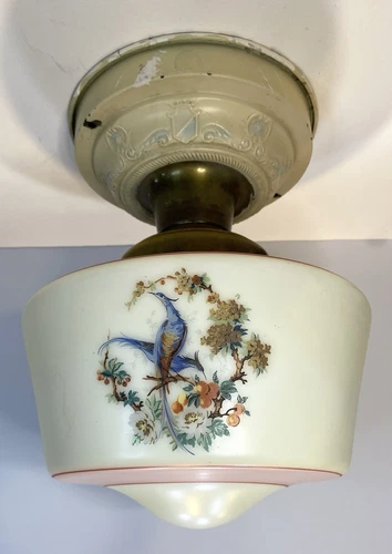 Vintage Glass Shade & Flush Mount Fixture with Bird Motif Pink & White W/ Birds