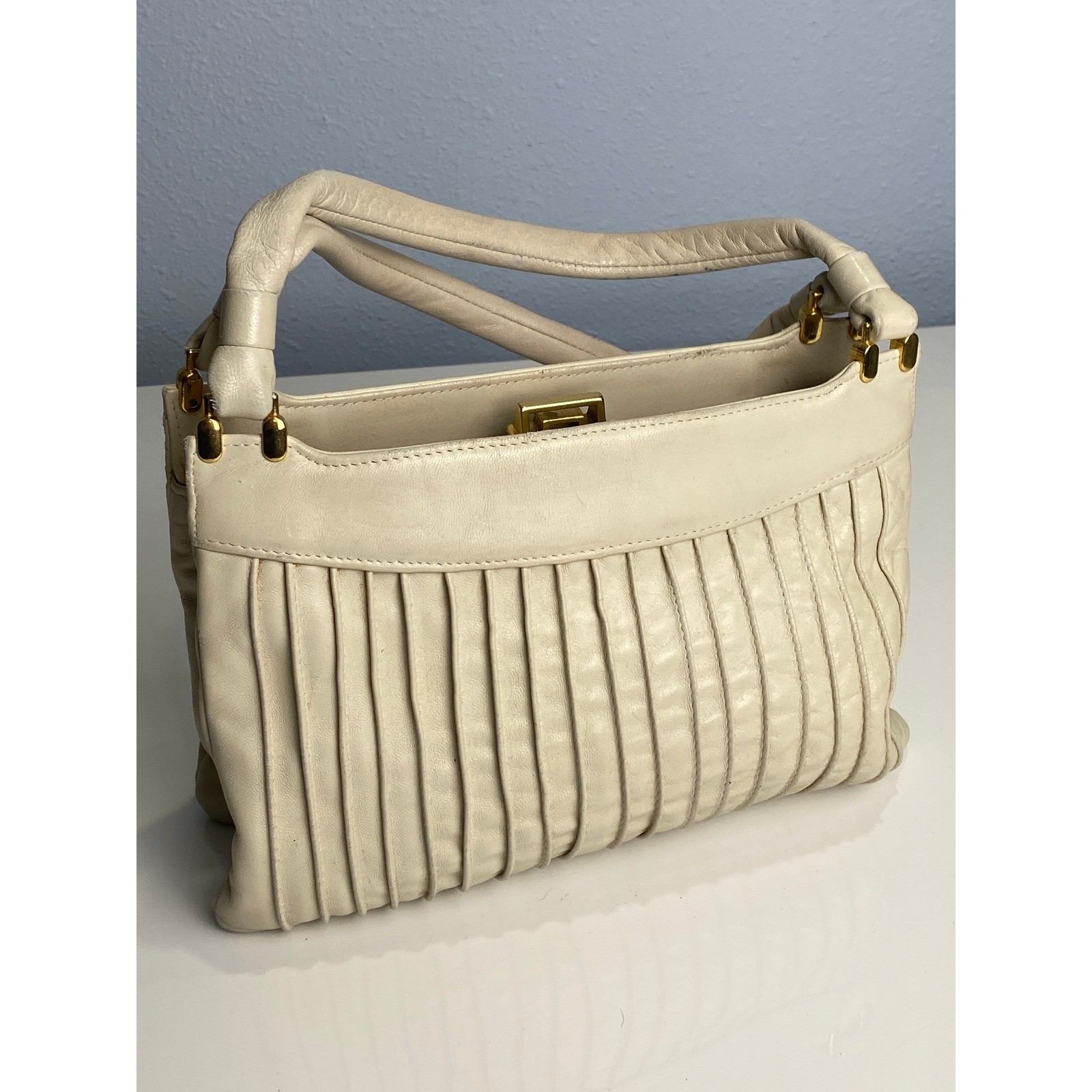 Vintage Jane Shelton Genuine Leather Bag White Pleated Purse Upcycle Art Project