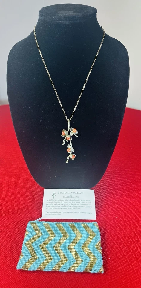 Michael Michaud Kyoto Maple Necklace 20” Gold Bronze Red Beads Silver Seasons