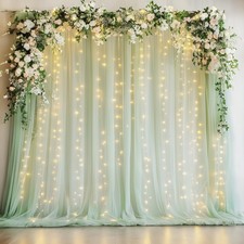 Sage Green Tulle Backdrop Curtains with Lights String 10FT X 8FT Sheer Curtai...