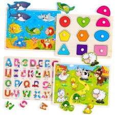 Wooden Peg Puzzles for Toddlers 2 3 4 Year Old, 4 Pack Montessori Toys