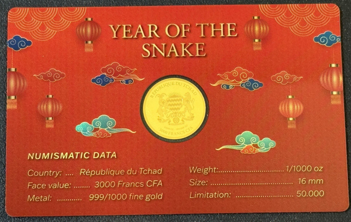 1/1000th Oz .999 Gold Chad 3000 Francs Year of The Snake Coin