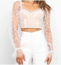 Runaway The Label Bustier Corset Top Size 4 Beige Polka Dot Tulle Sheer Sleeves