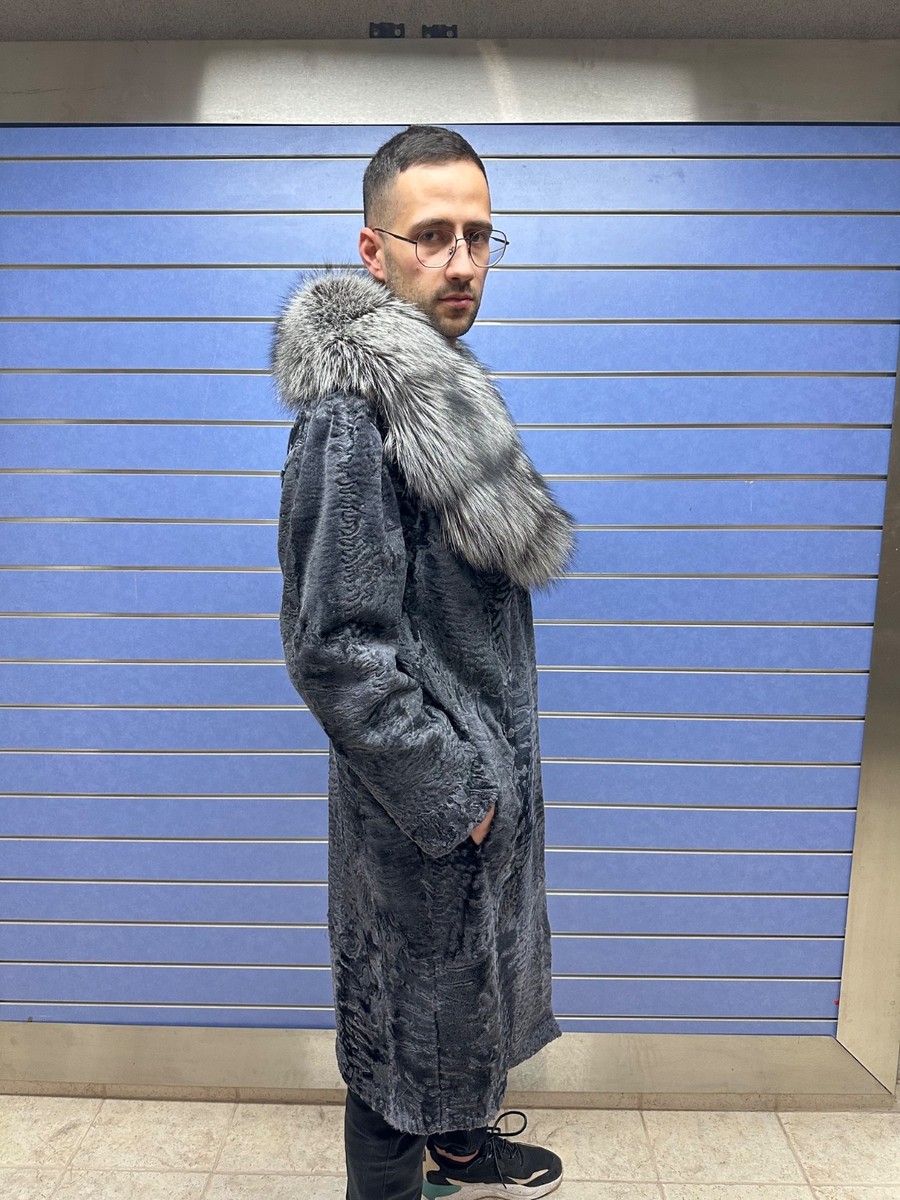 Luxury Blue-Gray Swakara Fur Long Coat Real Persian Fur Full Skin