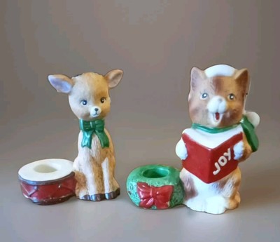 Vtg Porcelain Hand painted Figurines Candle Holders Reindeer Cat Christmas JSNY