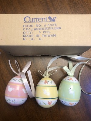 Vintage Current Brand #5333 Painted Wooden Easter Eggs, Set Of 3 In Original Box