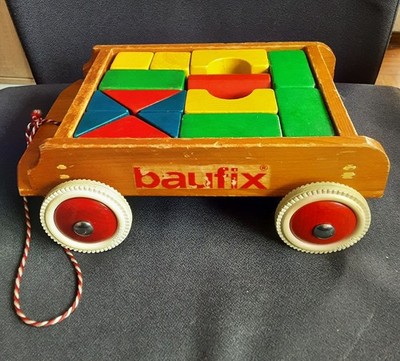 Vintage Baufix Holzwagen mit bunten Bausteinen   Klassiker aus Holz