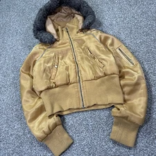Y2K FAUX FUR HOODED BOMBER JACKET IN BEAUTIFUL GOLD CROPPED BY RED FOX LARGE 