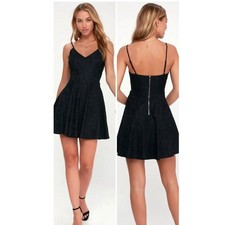 Lulus Black Floral Lace Mini Dress A-Line Fit and Flare Skater Cocktail LBD SM