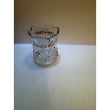 Antique EAPG Cut Glass Toothpick Holder Etched Laurel Leaf Scalloped Rim 2.5"