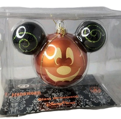 Disney Parks Mickey Mouse Pumpkin Christmas Tree Glass Ornament Halloween Decor