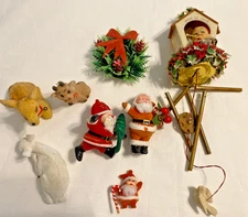 Vintage Mid Century Flocked Christmas Ornaments assorted lot of 8 Santa, deer