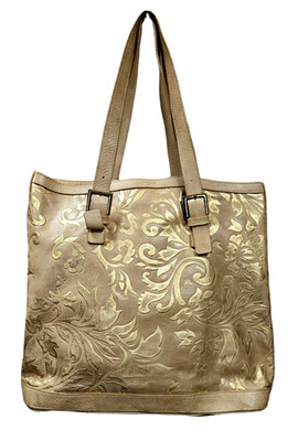 FALOR LE BORSE Italy  Light Tan Leather GOLD FLORAL Embossed Tote Handbag  XL