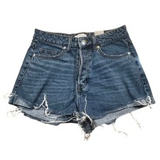 H M Button Fly Denim Shorts Womens 6 Blue Frayed Raw Hem Cutoff Festival Mom