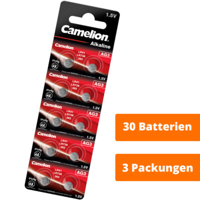 Camelion AG3 LR41 LR736 392 Knopfzellen Alkaline Uhrenbatterien 1,5V 30 Stück