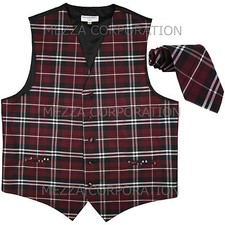 New Vesuvio Napoli Men's plaid checkered Tuxedo Vest Waistcoat Necktie Burgundy