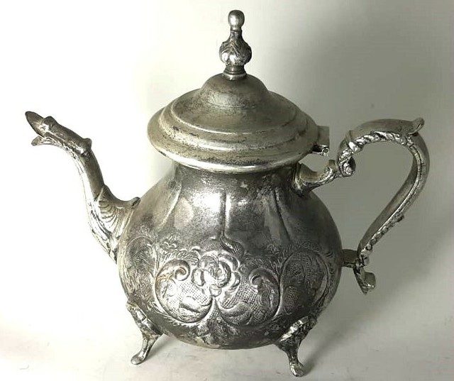 Vintage Moroccan copper Teapot Silver Plated Coffee pot Stamped Fes