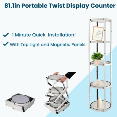 81.1in Portable Round Twist Display Counter with Shelves, Light and Clear Panel