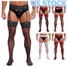 Men's Sissy Lace Tights Thigh High Stockings Sheer Suspender Pantyhose Pants