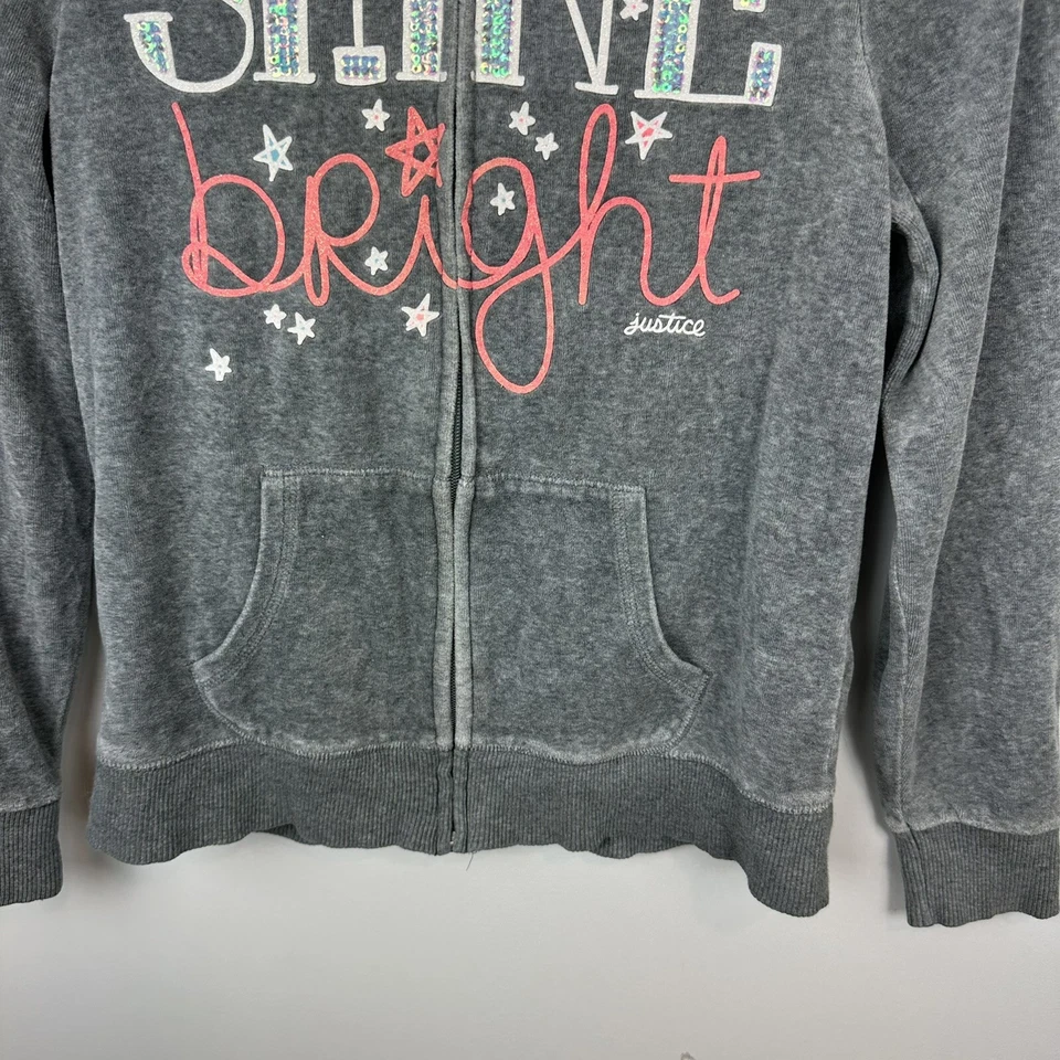Justice Hoodie Jacket Girls 14 Zip Up Shine Bright Hood Sequin Star Gray Blue DF - Image 3 of 4