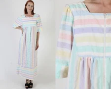 Vtg Zip Up Lounge Bell Slv Caftan Rainbow Pastel Striped Beach Pool Maxi Dress