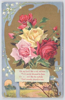 Greetings~My Love's Like A Red Red Rose~Burns~Red Rose~Art Nouveau~Gold~Vtg PC