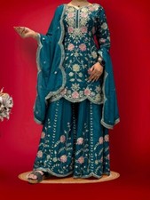 Function Wear Pure Chinnon Silk Kurta Palazzo With Teal Blue Dupatta For Women