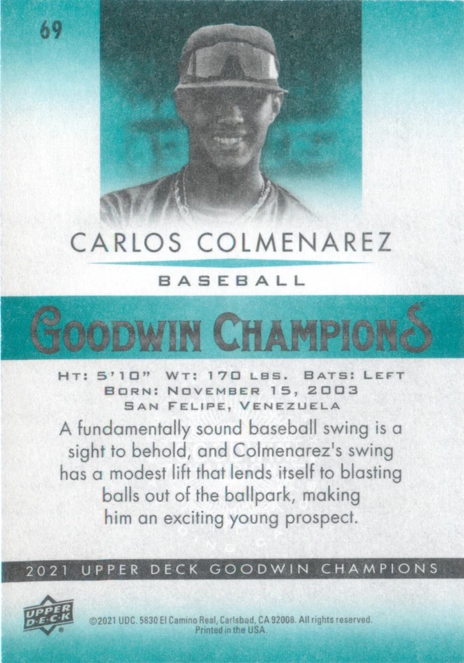Carlos Colmenarez 2021 Upper Deck Goodwin Champions Horizontal Baseball Card #69 - Image 2 of 2