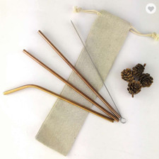 4pc Premium Stainless Steel Metal Rose Gold Extra Long Straw Kit Brush & Eco Bag