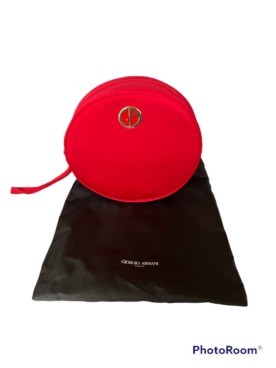 GIORGIO ARMANI Beauty Premium Round Pouch Makeup Bag Red Satin Finish Inch
