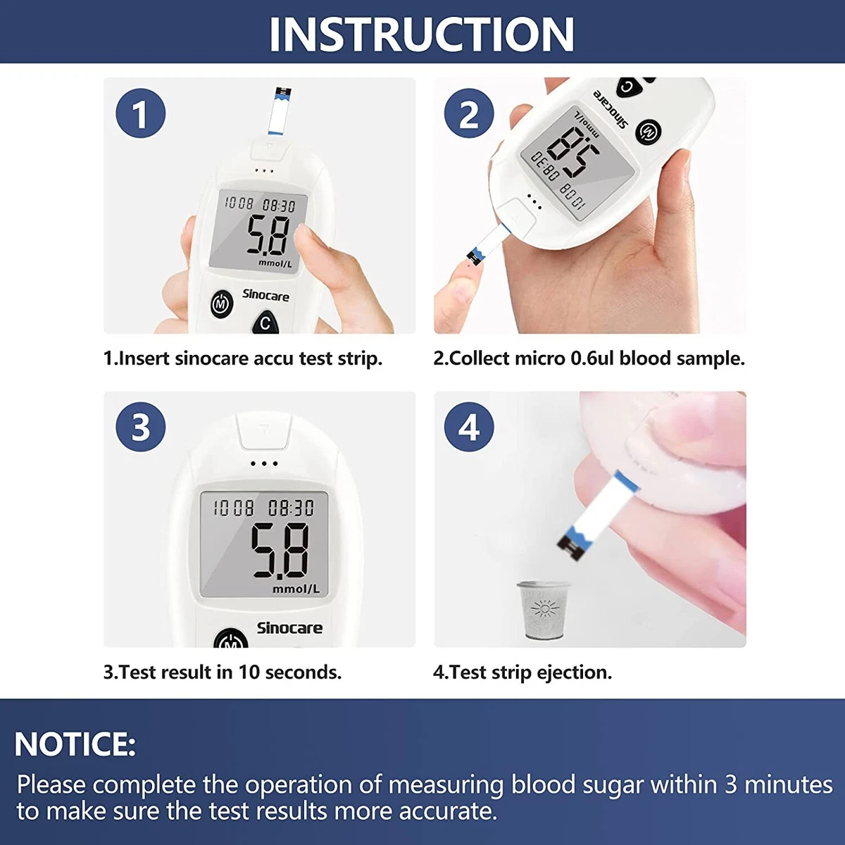 Sinocare Safe ACCU medidor de glucosa en sang 100X Tiras de prueba diabéticas MG