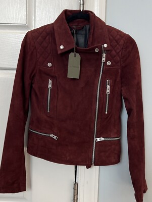 NEW All Saints Suede Leather in Burgundy Biker Jacket Size US