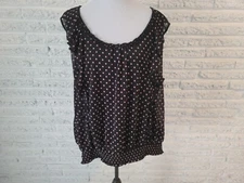 Elle Womens Top 2X Plus Sleeveless Peplum Black Polka Dot Sleeveless Ruffle Neck